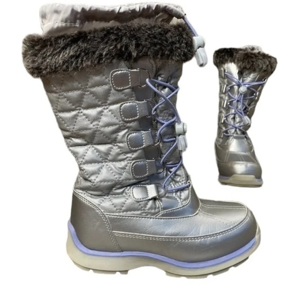 LANDS’ END THERMOLITE INSULATED WATERPROOF SNOW BOOTS SILVER AND PURPLE SZ 3